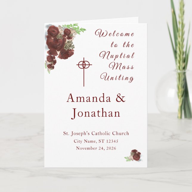 Burgundy Ro-Corsage Nuptial Mass med foto Program (Framsida)