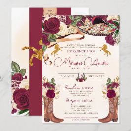 Burgundy Ro Elegant Western Charro Quinceañera Inbjudningar