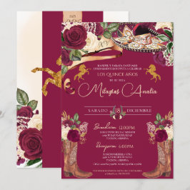 Burgundy Ro Finare Mariachi Charro Quinceanera Inbjudningar