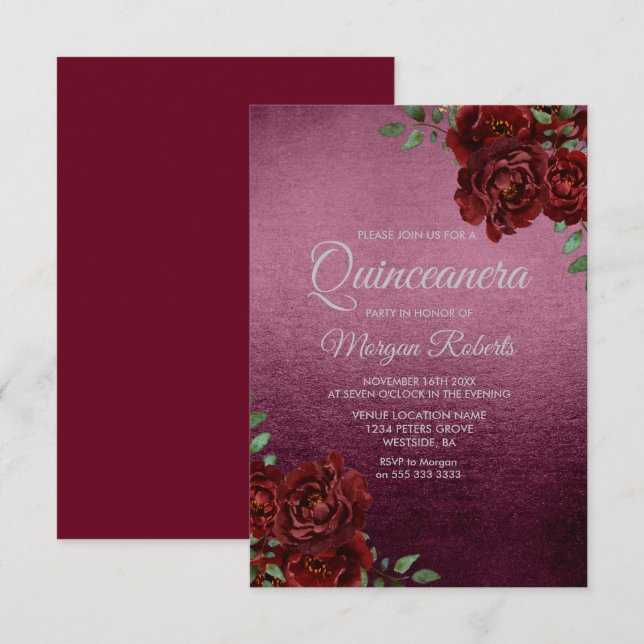 Burgundy Ro Foil look Quinceanera Inbjudan (Fram/baksida)