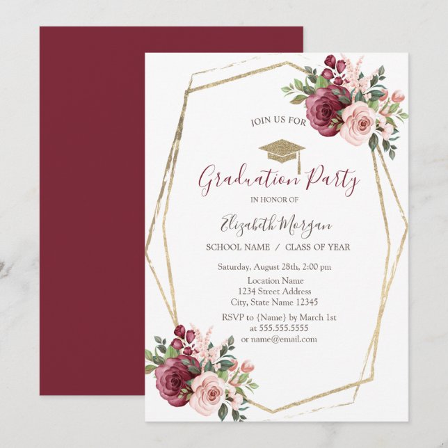 Burgundy Ro,Grad Cap,Studenten Inbjudningar (Fram/baksida)