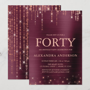 Burgundy Ro Guld 40:e födelsedagen Party Inbjudningar
