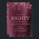 Burgundy Ro Guld 80:e Födelsedagsfesten Inbjudningar<br><div class="desc">Burgundy och Ro Guld Gnistra String Ljus 80:e (80:e) Födelsedagsfest inbjudan för en Elegant Girly Womans födelsedag . Det här är perfektens inbjudan till firande av födelsedag för en elegant Burgundy och Ro Guld Gnistra Födelsedagsfest. Kontakta designern om du vill matcha anpassade objekt.</div>
