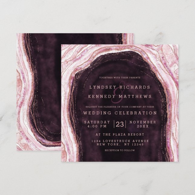 Burgundy & Ro Guld Geode Agate Bröllop Square Inbjudningar (Fram/baksida)