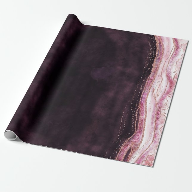 Burgundy & Ro Guld Geode Agate Marble Bröllop Presentpapper (Utrullad)