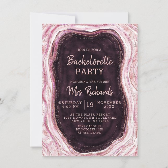 Burgundy & Ro Guld Geode Bachelorette Party Inbjudningar (Framsida)