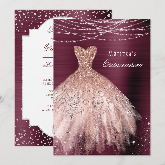 Burgundy Ro Guld Glam Diamond Quinceañera Inbjudningar (Fram/baksida)