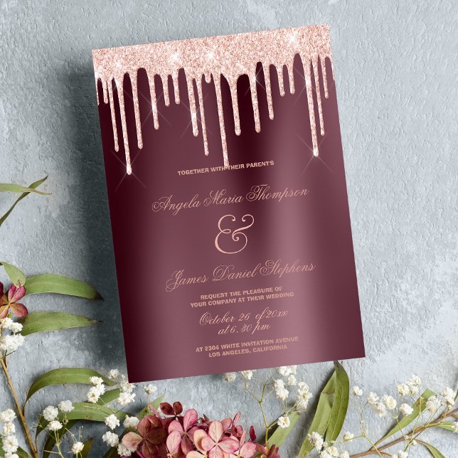 Burgundy ro guld glitter droppar glamoröst bröllop inbjudningar (Burgundy rose gold glitter drips glamorous wedding)