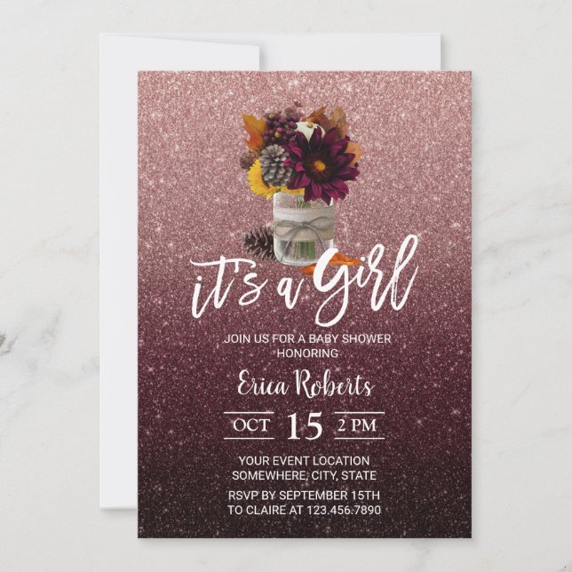 Burgundy & Ro Guld Hösthösten Blommigt Burk Baby S Inbjudningar (Framsida)