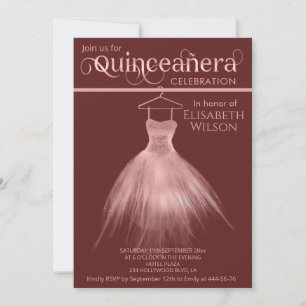 Burgundy ro guld klänning calligraphy Quinceañera Inbjudningar
