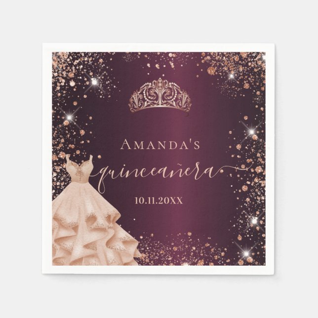 Burgundy ro guld klänning namn Quinceanera Pappersservett (Framsidan)
