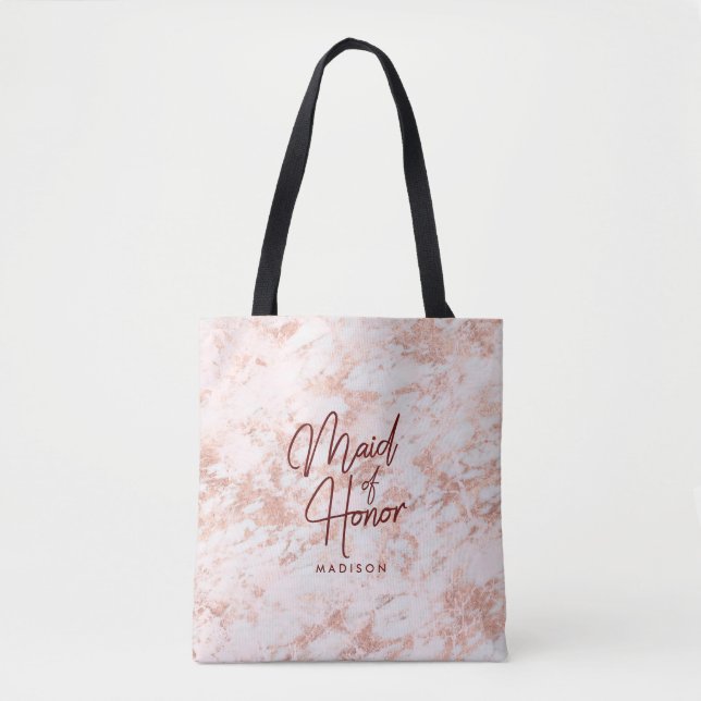 Burgundy & Ro Guld Marble Maid of honor Monogram Tygkasse (Framsida)
