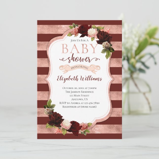 Burgundy Ro Guld Marsala Baby Shower-inbjudan Inbjudningar (Stående Fram)