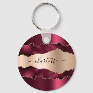 Burgundy ro guld metall agate marble namn skript nyckelring