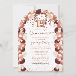 Burgundy Ro Guld Quinceañera Glitter Balloon Inbjudningar
