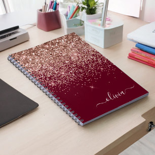 Burgundy Ro Guld Rosa Glitter Monogram Anteckningsbok