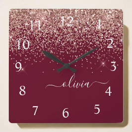 Burgundy Ro Guld Rosa Glitter Monogram Fyrkantig Klocka