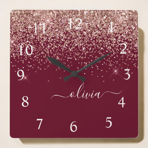 Burgundy Ro Guld Rosa Glitter Monogram Fyrkantig Klocka