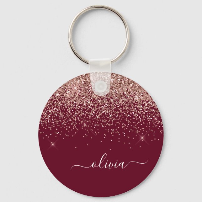 Burgundy Ro Guld  Rosa Glitter Monogram Nyckelring (Framsida)