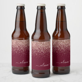 Burgundy Ro Guld Rosa Glitter Monogram Ölflaska Etikett