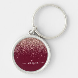 Burgundy Ro Guld Rosa Glitter Monogram Rund Silverfärgad Nyckelring