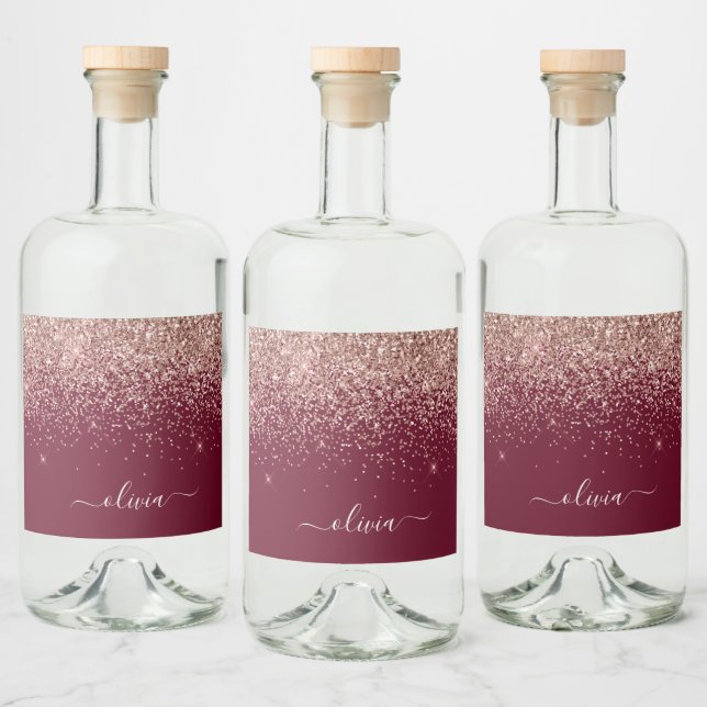 Burgundy Ro Guld  Rosa Glitter Monogram Spritflaskor Etikett (Flaskor)