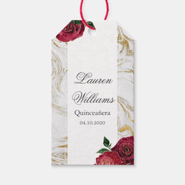 Burgundy Ro Marble Quinceanera Party Presentetikett (Framsidan)