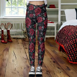 Burgundy Ro med svart bakgrund Leggings<br><div class="desc">Söt burgundi ro och löv med en svart bakgrund,  sömlös blommönster.</div>