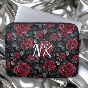 Burgundy Ro med svart bakgrund, monogrammat Laptop Fodral