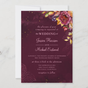 Burgundy Ro Monogram Blommigt Guld Fall Wedding Inbjudningar