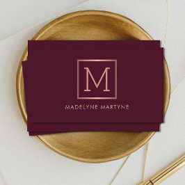 Burgundy Ro Monogram Modern Elegant Guld Visitkort