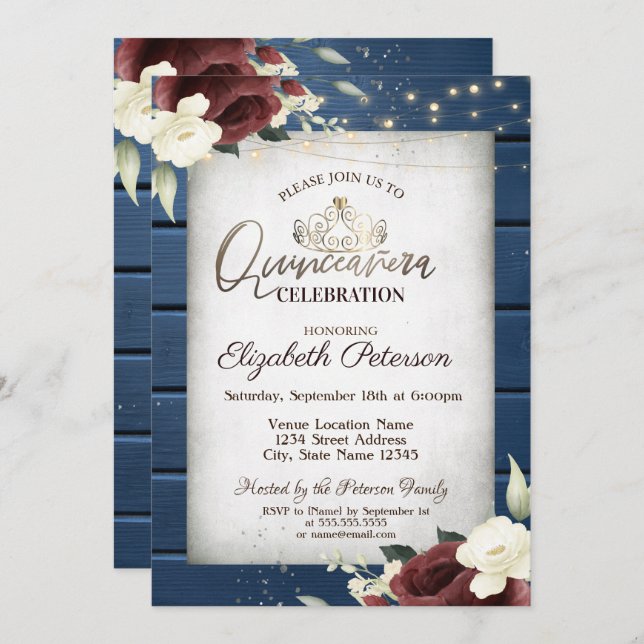 Burgundy Ro,Navy Blue Wood Quinceañera Inbjudningar (Fram/baksida)