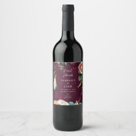Burgundy Ro och Ranunculus Bröllop Vinflaska Etikett