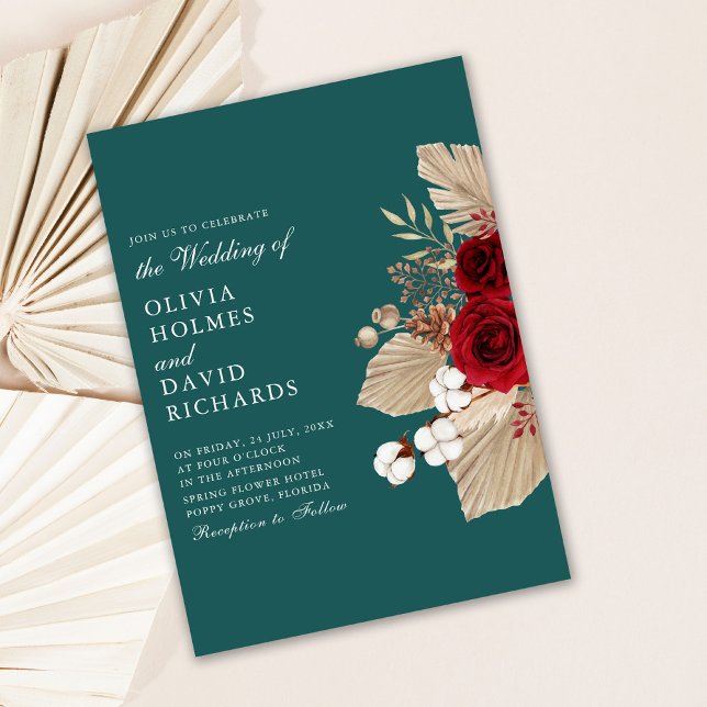 Burgundy Ro om inbjudan till bröllopsbröllop (Modern Teal and Burgundy Roses Wedding Invitation on light background)