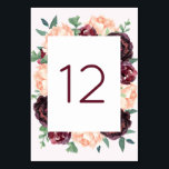 Burgundy Ro Peach Peony Bordsnummer Cards<br><div class="desc">Dessa bordsnummer i bröllop har vattenfärgen ro och peonier med löv. Kortens framsida och baksida har samma utformning. Om du vill beställa anger du bordsnumret och klickar på Lägg till i kundvagn för varje bordsnummer. Dessa kort för bordsnummer i bröllop ingår i en samling som innehåller ett fullt av matchande...</div>