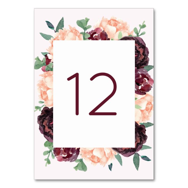 Burgundy Ro Peach Peony Bordsnummer Cards (Framsidan)