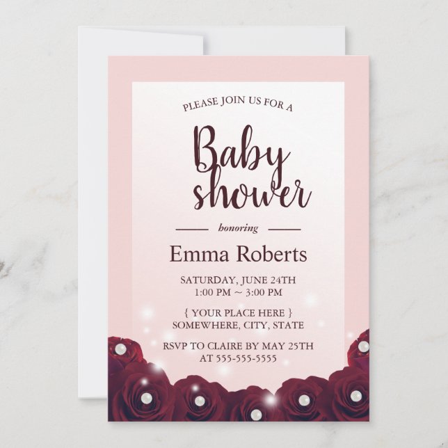 Burgundy Ro Pearl Blommigt  Rosa Baby Shower Inbjudningar (Framsida)