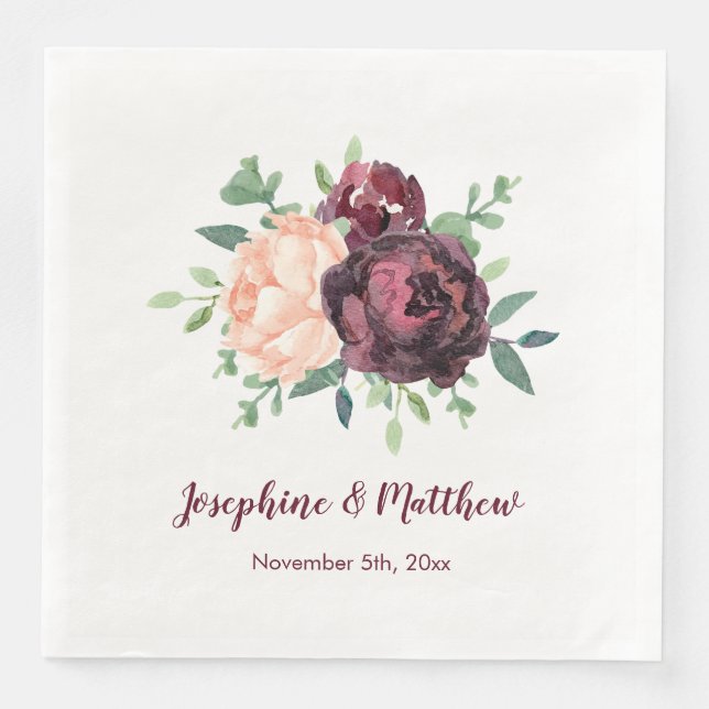 Burgundy Ro Peony Bouquet Bröllop Napkins Pappersservett (Framsida)