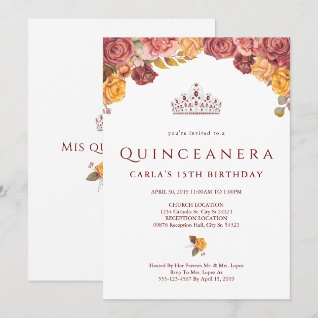 Burgundy Ro | Quinceanera-inbjudningar Inbjudningar (Fram/baksida)