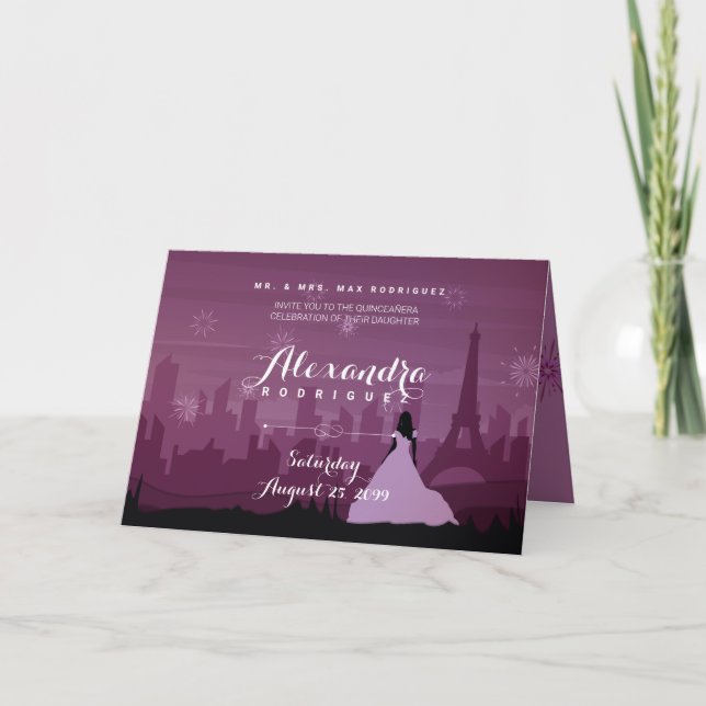 Burgundy Ro Rosa Paris Fireworks Quinceañera Inbjudan (Framsida)