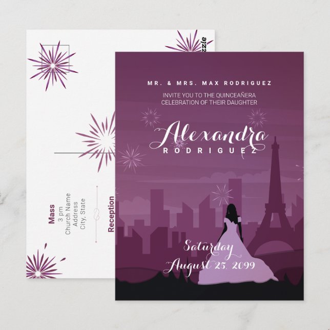 Burgundy Ro Rosa Paris Fireworks Quinceañera Vykort (Fram/baksida)