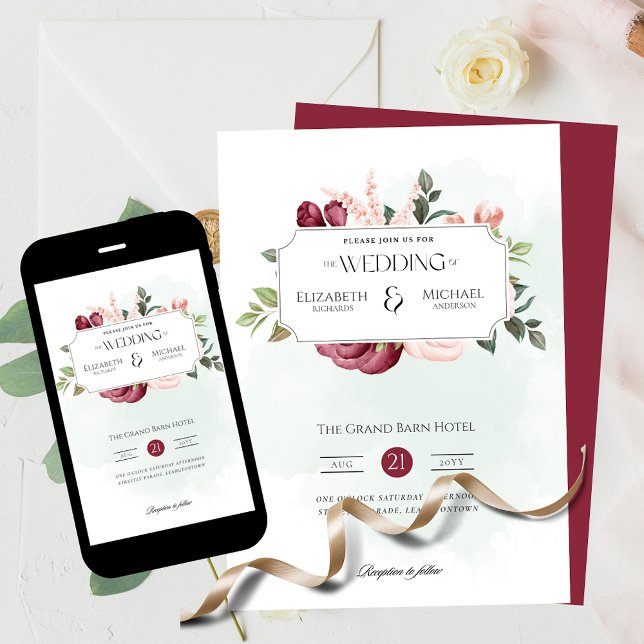 Burgundy Ro Rosa Print eller Digital Bröllop Inbjudningar (Skapare uppladdad)