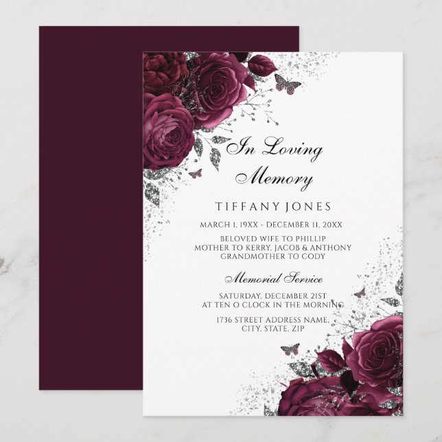 Burgundy Ro Silver Memorial Funeral Service Inbjudningar (Fram/baksida)