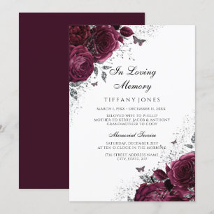 Burgundy Ro Silver Memorial Funeral Service Inbjudningar