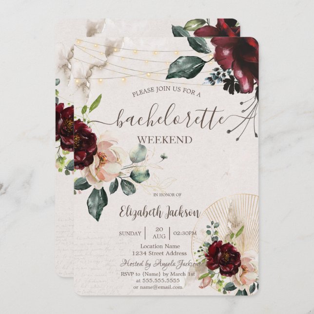 Burgundy Ro,Vin Glass,Bachelorette Party Inbjudningar (Fram/baksida)