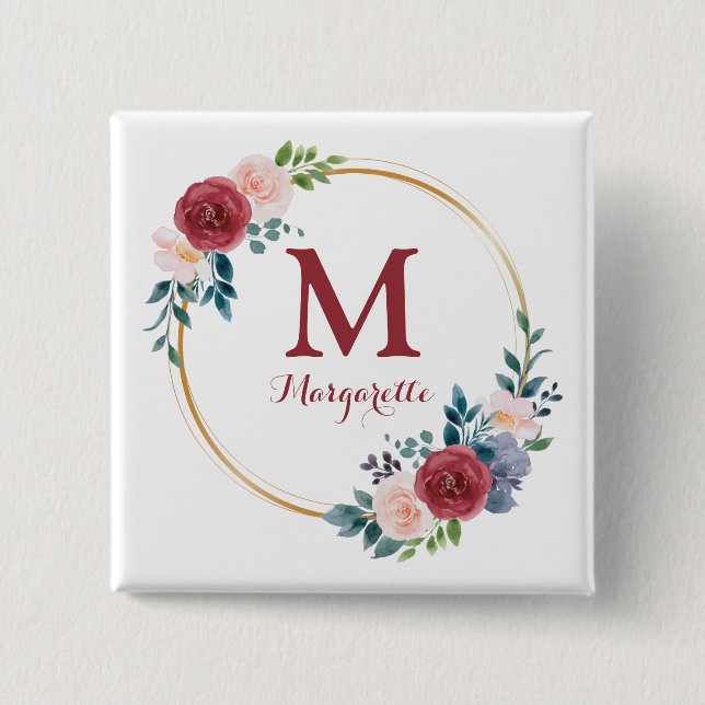 Burgundy Ro WAN Anpassningsbar Monogram och Namn Knapp (Framsida)