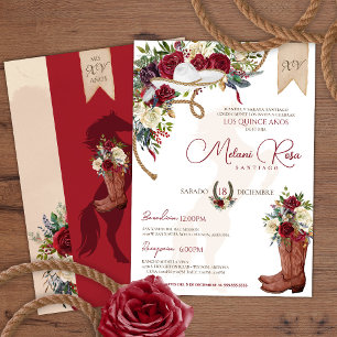 Burgundy Ro Western Charro Spansk Quinceañera Inbjudningar