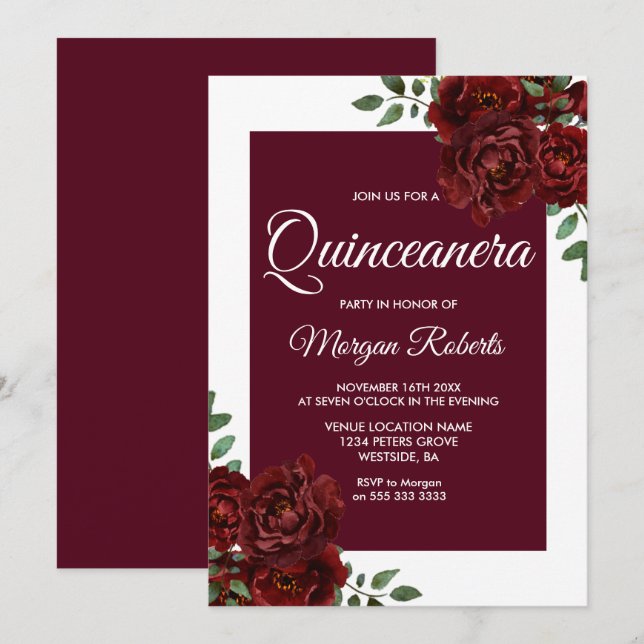 Burgundy Ro White Gräns Quinceanera Inbjudan (Fram/baksida)