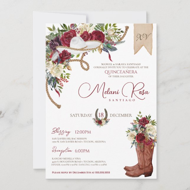 Burgundy Ro Winter Western Charro Quinceanera Inbjudningar (Framsida)