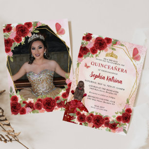Burgundy röd blomstergirl Quinceañera Foto Inbjudningar